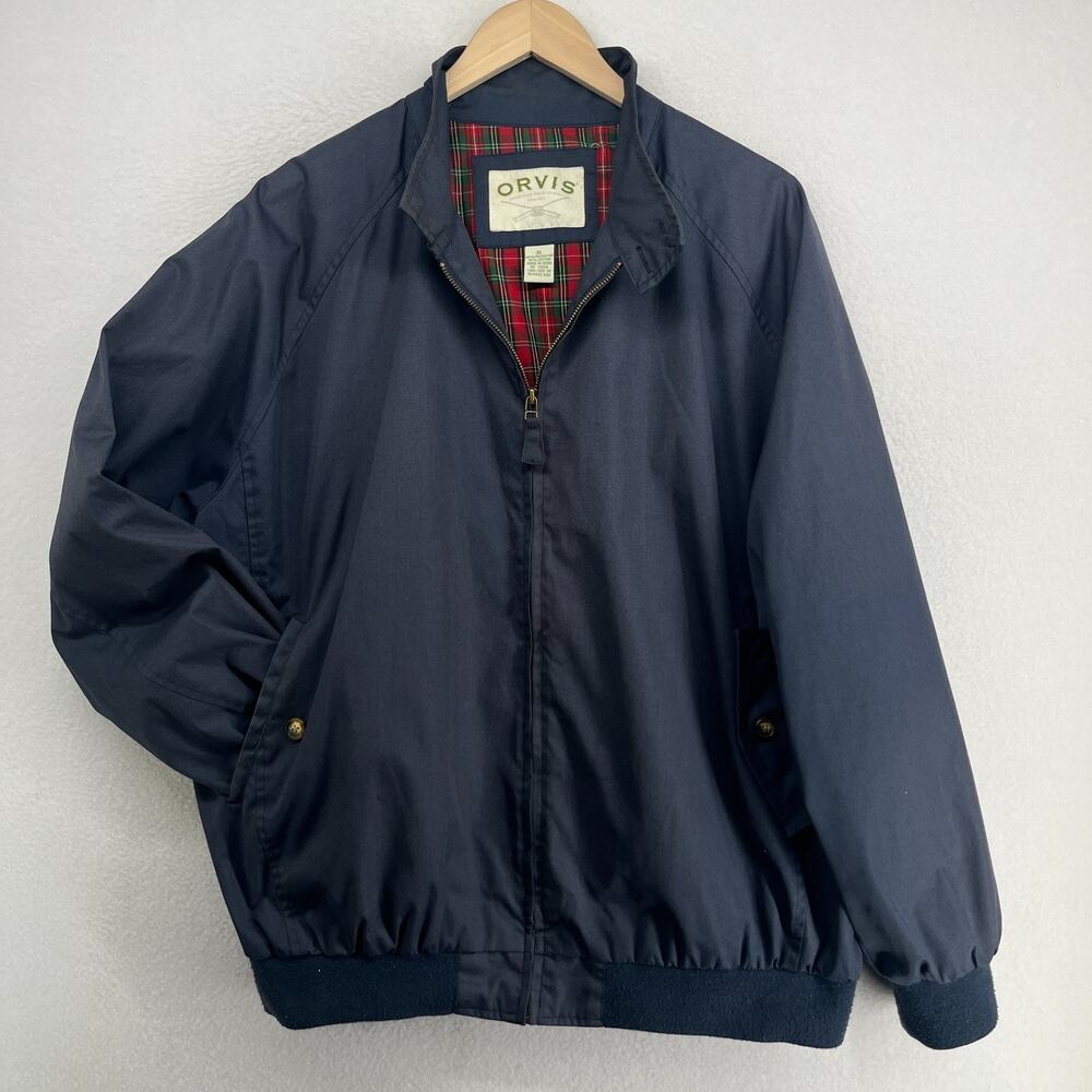 ORVIS Jacket Mens XL Harrington Bomber Tartan Plaid Lined Full Zip Blue VTG - Picture 2 of 12